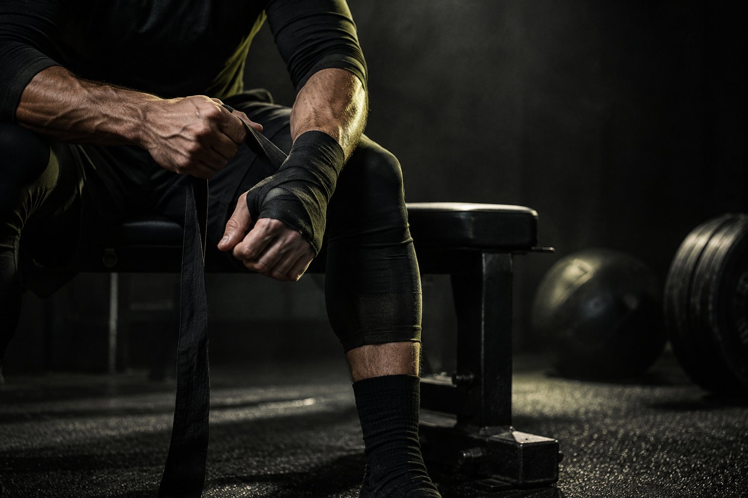 Anonymous athlete preparing wrist wraps in a dark training environment